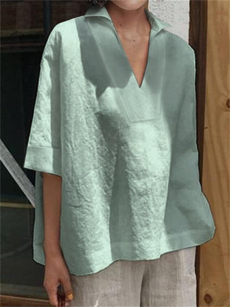 Women's V-neck cotton and linen all-match solid color large size loose mid-sleeve women's shirt_voghion.com