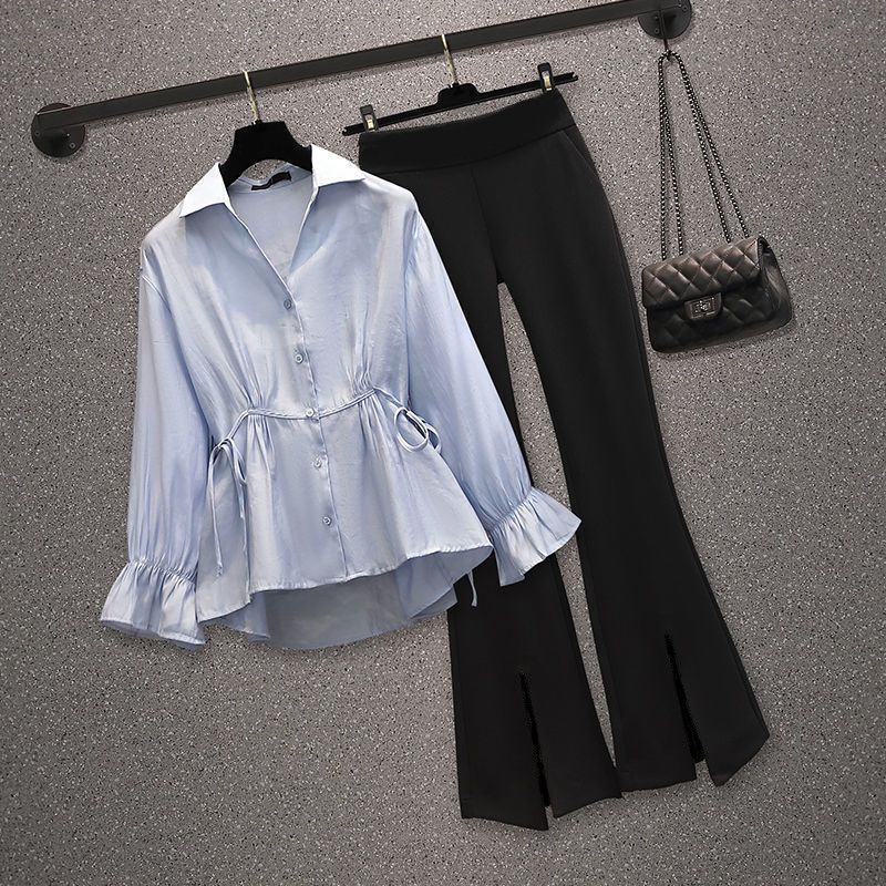 Ropa de mujer Traje individual/para mujer, novedad de otoño 2024, traje de dos piezas para chica ligeramente gordita, de talla grande, adelgazante, camisa reductora de edad, pantalones acampanados