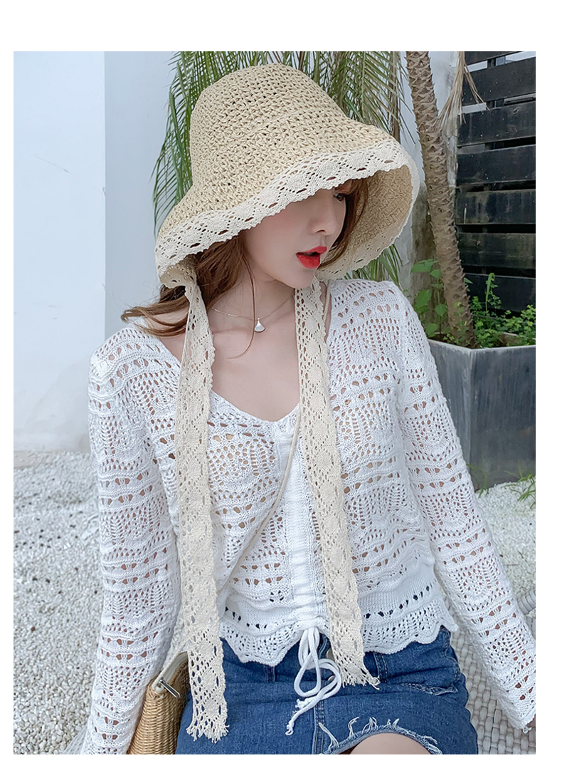Internet famous straw female summer lace tied hat, fresh refreshing beach vacation, sun protection and shading hat strap_voghion.com
