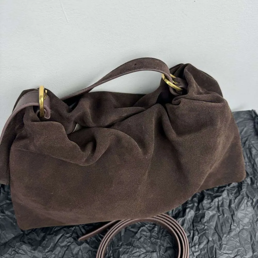 Borsa a tracolla da donna in pelle scamosciata opaca con 2 cinturini, in pelle di mucca scamosciata, stile coreano, con arricciature, color caffè kakhi_voghion.com