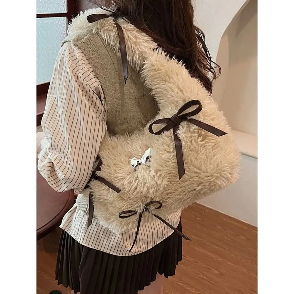 Soft Plush Handbag for Women Solid Fluffy Bows Appliques Shoulder Female Autumn Winter Cute Underarm Packs Lady Handle_voghion.com