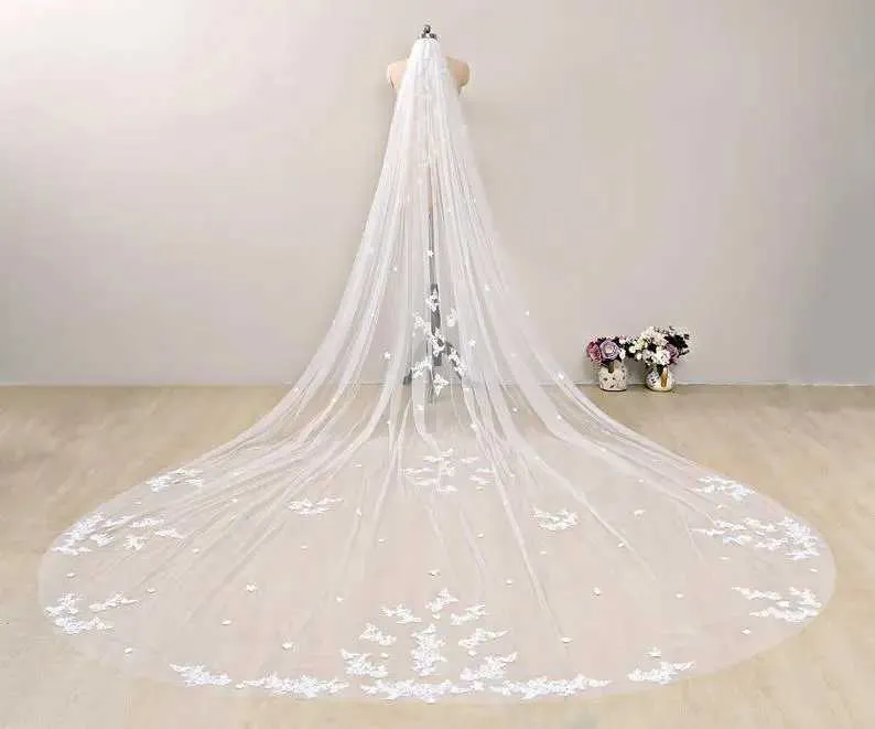 Hair Jewelry Scattered Veil CathedralLace Applique Wedding VeilsIvory Cathedral VeilWhite Chapel Bridal Mantilla Lace_voghion.com