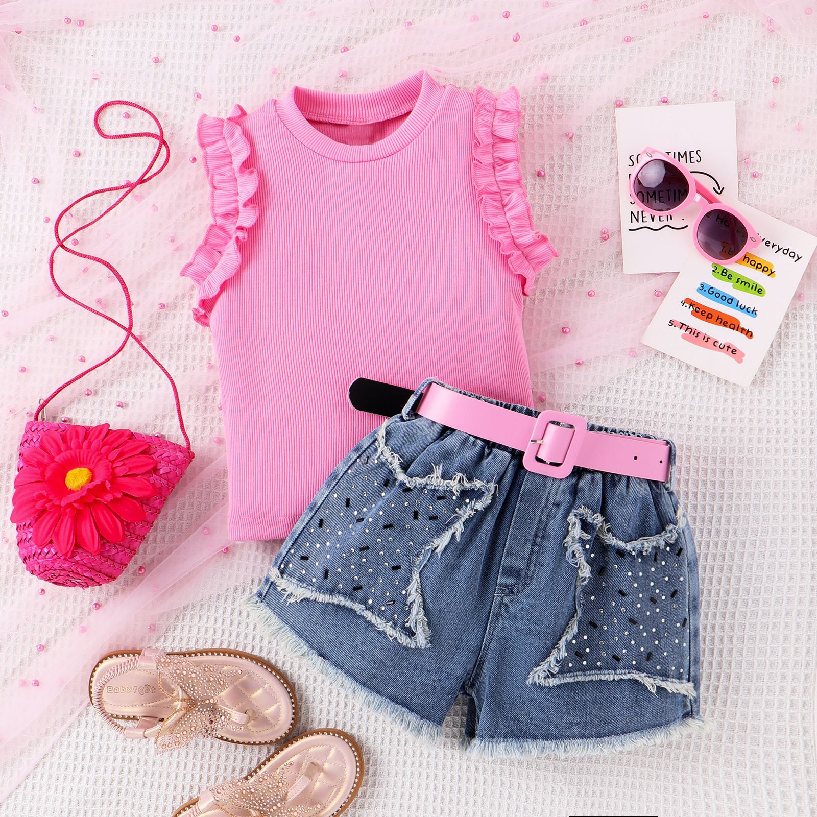 Wind summer small and medium-sized children's pit stripe sleeveless wooden ear edge top+star denim shorts+belt girl set_voghion.com