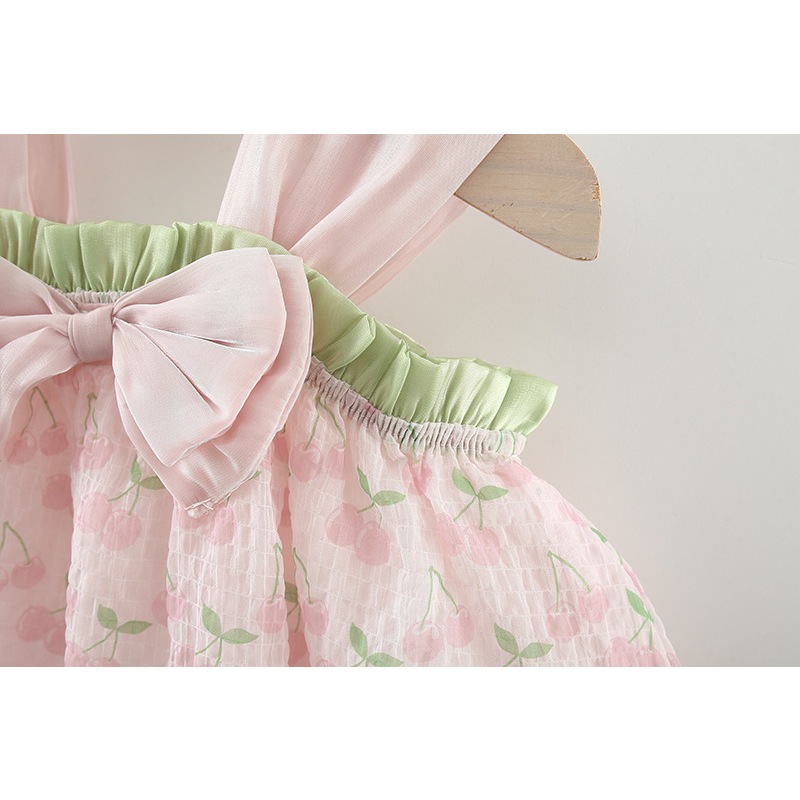 New Girls' Summer Dress Halter Pompadour Skirt Bow Cherry Cherry Lady Style Princess Dress Birthday Party Sleeveless Dress (Girls 0-3 Years Old)_voghion.com