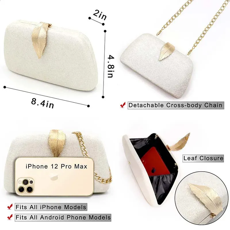 Bolsa de mão de cetim branco com fivela de folha de metal para mulheres 24 Moda feminina Bolsa de festa para bolsas de noiva_voghion.com