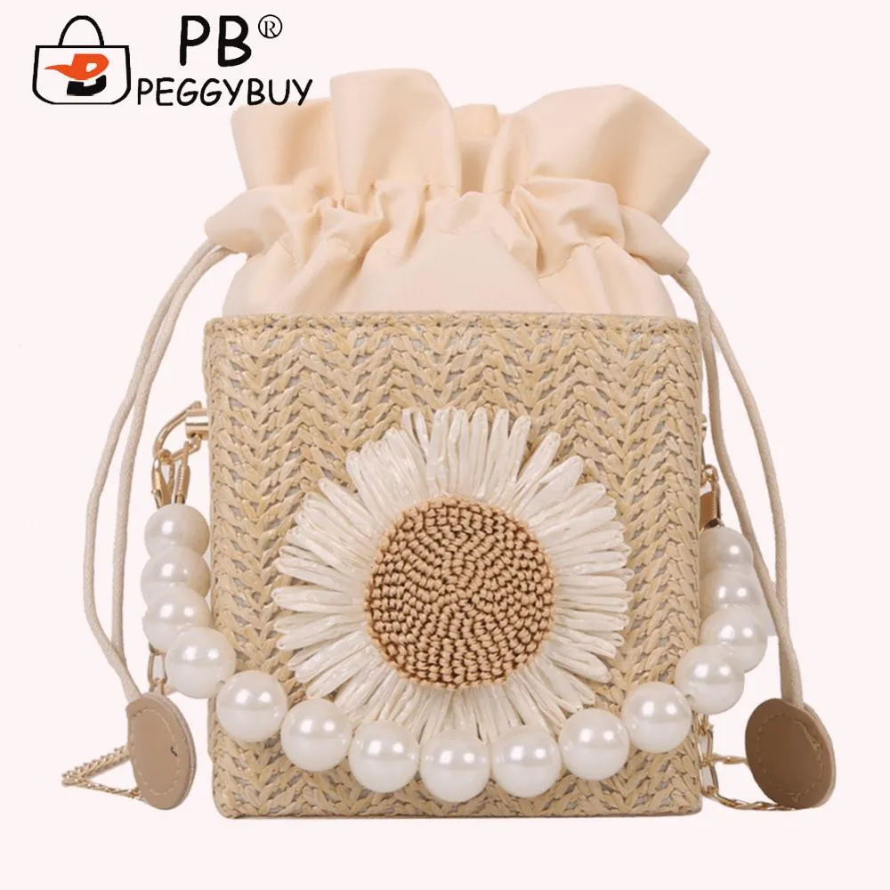 Borsa a tracolla quadrata da donna, leggera e traspirante, in paglia e perle, per viaggi di piacere e vacanze, con girasole_voghion.com