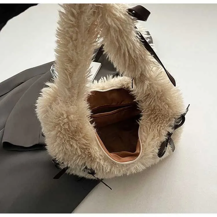 Sac à main en peluche douce pour femme, solide, moelleux, nœuds, appliques, épaule, femme, automne, hiver, mignon, sous les aisselles, paquets, poignée, dame_voghion.com