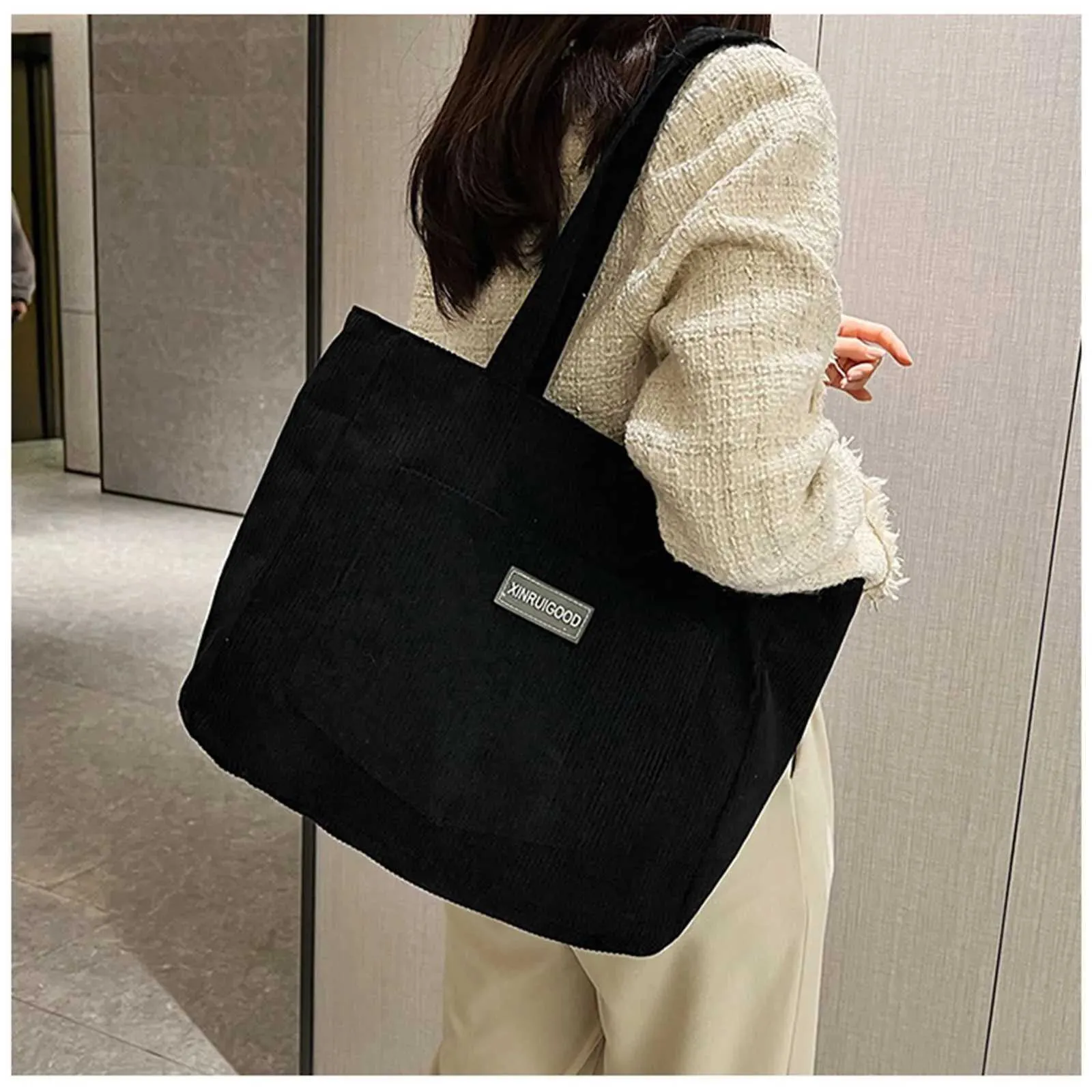 Borsa a tracolla grande, borsa da donna alla moda in velluto a coste tinta unita con tasca frontale, borse firmate, borse da donna, sacC241108_voghion.com