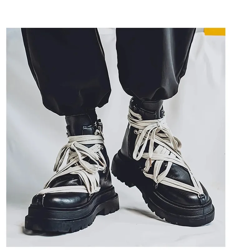 Bottines courtes en cuir à plateforme pour homme, chaussures de moto noires à la mode, style streetwear, 250114_voghion.com