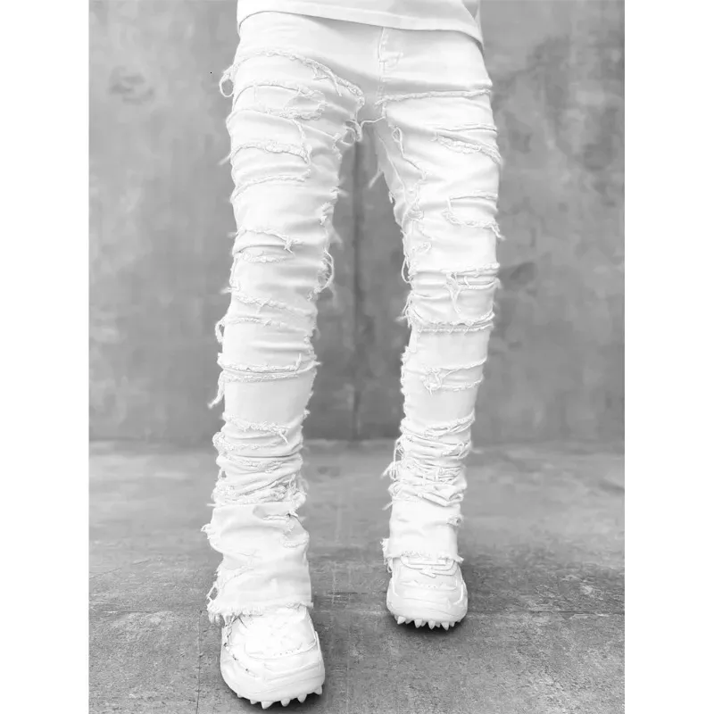 E15E Herren Stacked Jeans Fit Zerrissene Destroyed Gerade Jeanshose Vintage Hip Hop Hose Streetwear 240415_voghion.com