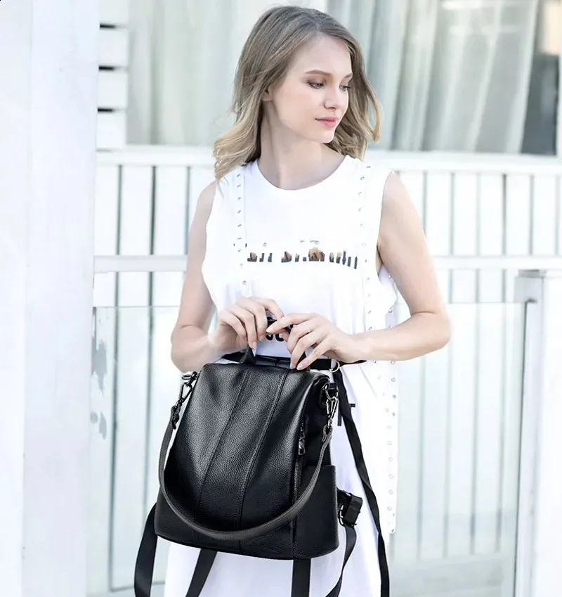Womens Korean Casual Real Leather Fashion Backpack Top Layer Cowhide Female High Quality School Bags Travel Bag 240823_voghion.com