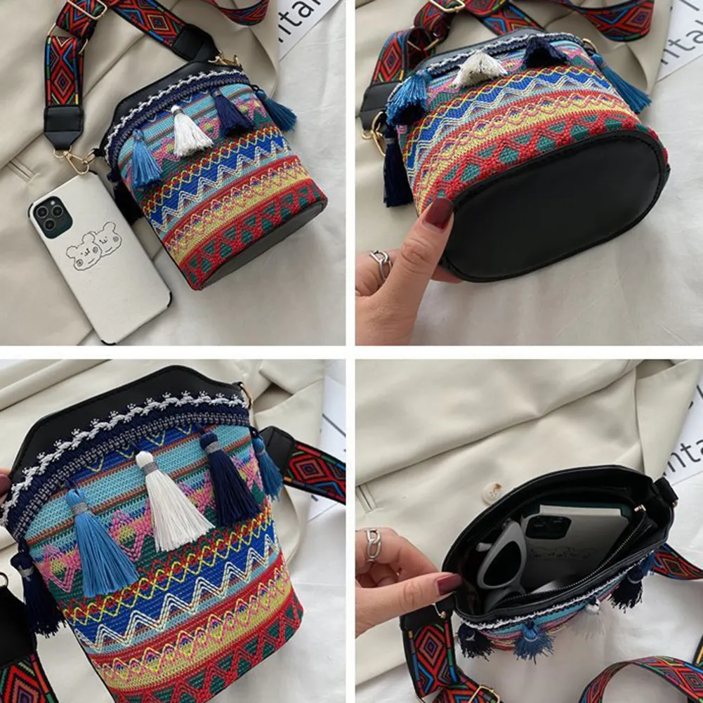 Borsa a tracolla vintage nazionale da donna, con nappa, etnica, intrecciata a mano, hippie, piccola borsa a tracolla_voghion.com