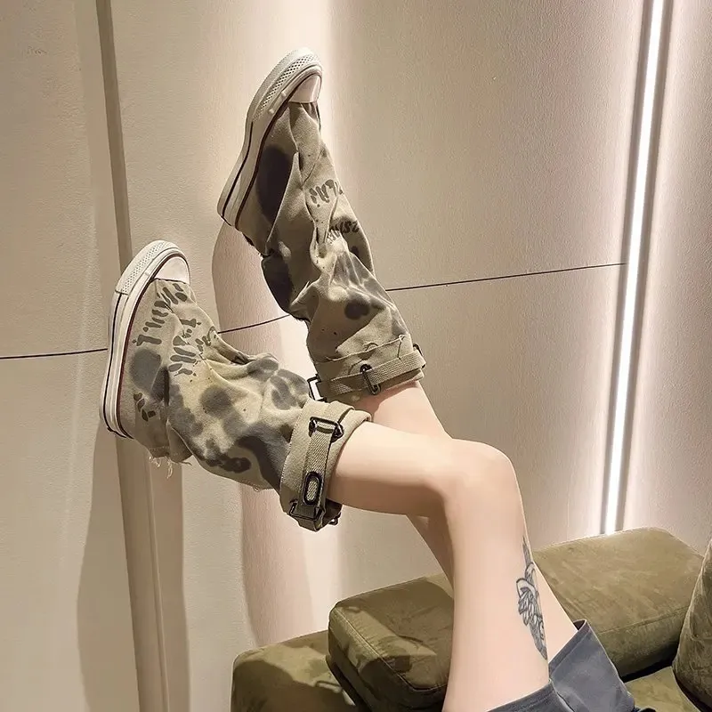 Graffiti High Top Canvas Shoes Womens Spring Wide Mid 2024 New Trouser Barrel Stacking Boots 240628_voghion.com