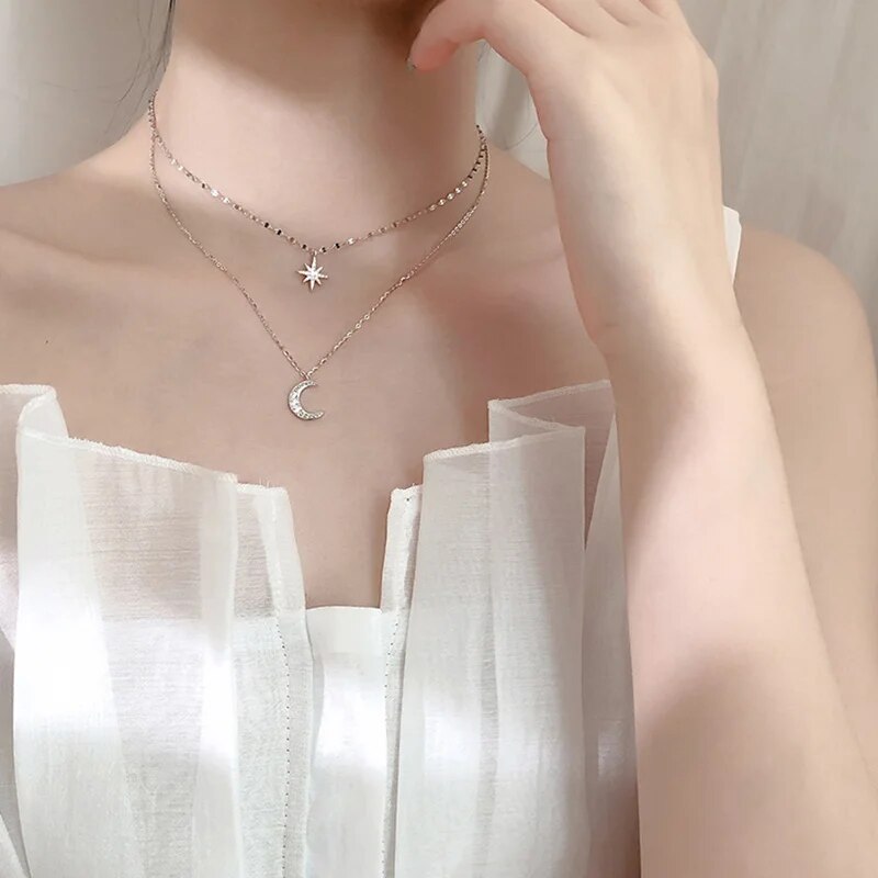 Colier elegant cu lună, stele strălucitoare, pandantiv stratificat, cu cerc, pentru petrecere de ziua de naștere, bijuterii la modă pentru femei_voghion.com