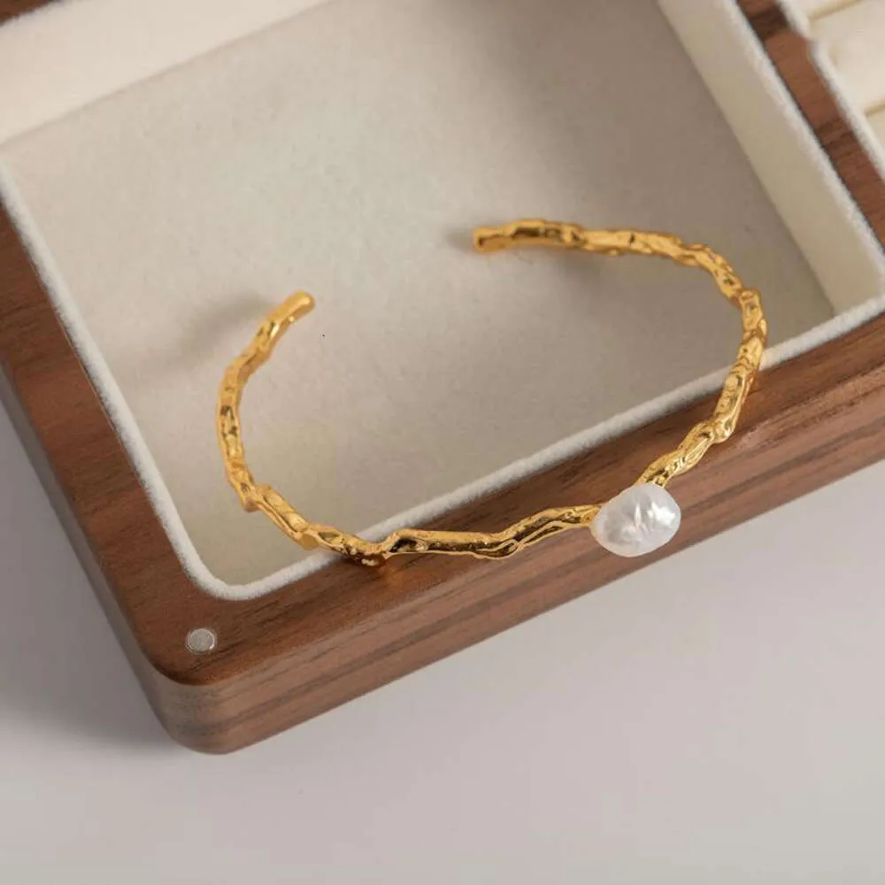 Bangle ALLME Trendy Irregular Freshwater Pearl For Women 14K Gold Plated Brass Twisted Opening Adjustable Bangles 2023_voghion.com