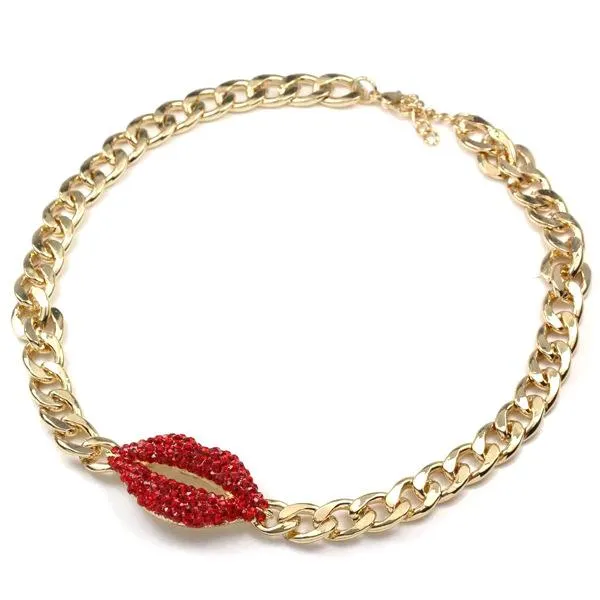 Red Lip Pendant Cuban Link Necklace Rapper Style Choker Jewelry_voghion.com
