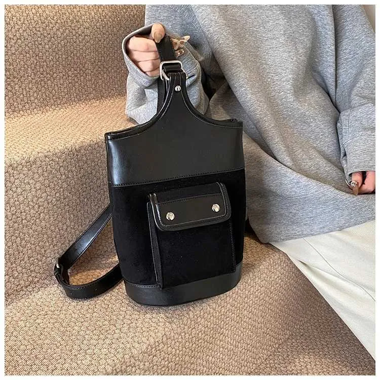 Borsa a tracolla in pelle scamosciata alla moda con toppa in PU per donna, colore a contrasto, casual, grande capacità, tracolla per la spesa da donna_voghion.com