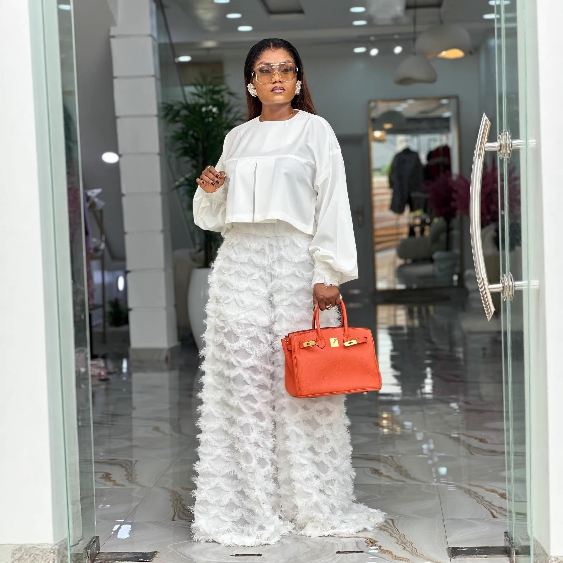 ​​Women's Spring Blouse & Wide-Leg Pants Set – Elegant Lantern Sleeve Shirt With Flowy Trousers (S/M/L/Xl/2xl, Crisp White)​​