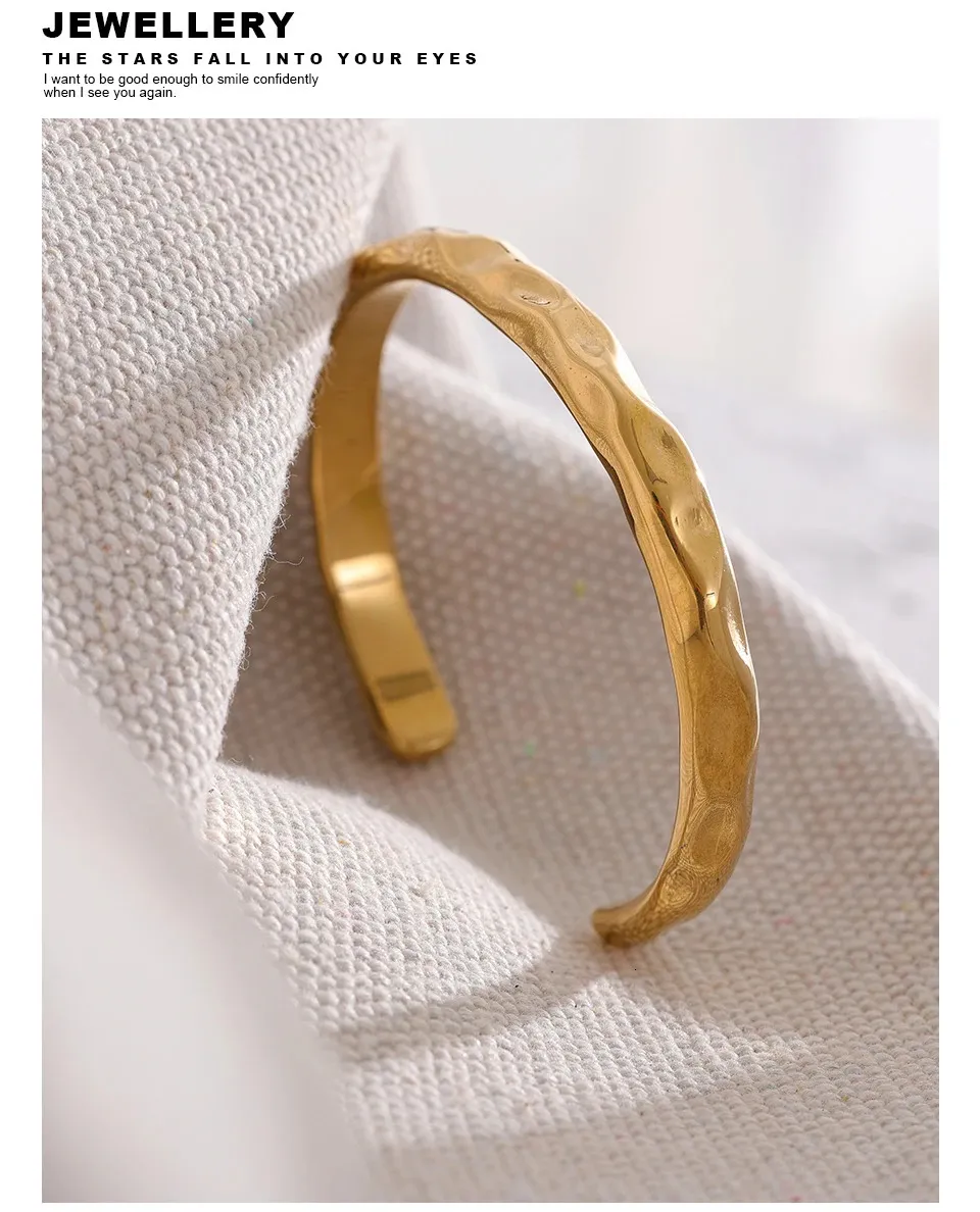 Yhpup Minimalist Gold Color Tarnish Free Fashion Stainless Steel Bangle Bracelet Metal Texture Simple Open Charm Wrist_voghion.com