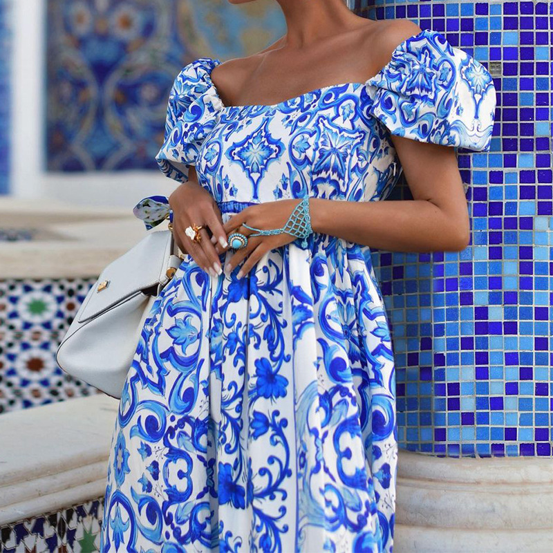 Robe imprimée bohème à la mode pour femmes, col une ligne_voghion.com