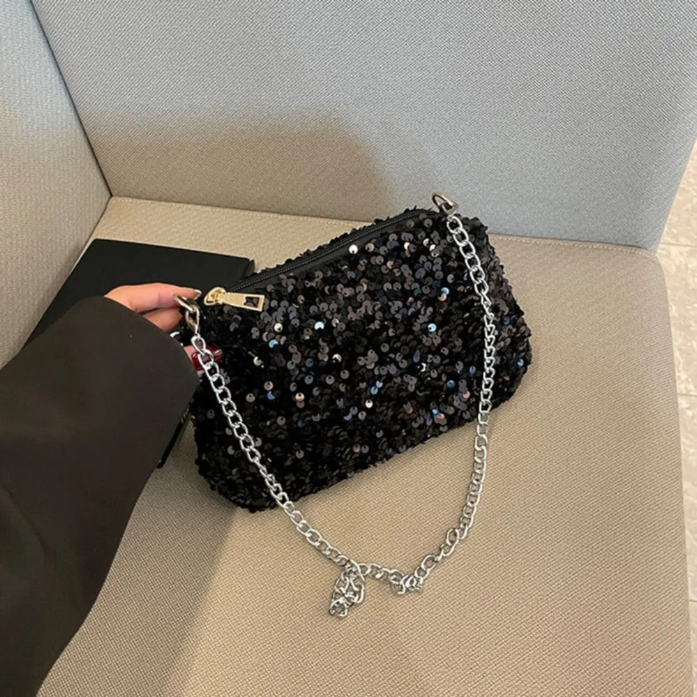 Borsa a tracolla con catena, tinta unita, stile coreano, con paillettes, per telefono, da sera, per cena e feste_voghion.com