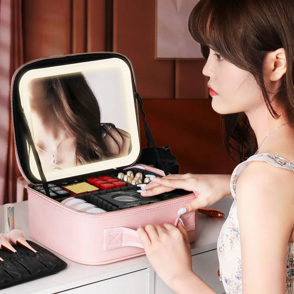 Make Up Pouch With Mirror Travel Makeup Bags Portable Large Capacity Fashi Simple PU Leather Casual For Weekend_voghion.com