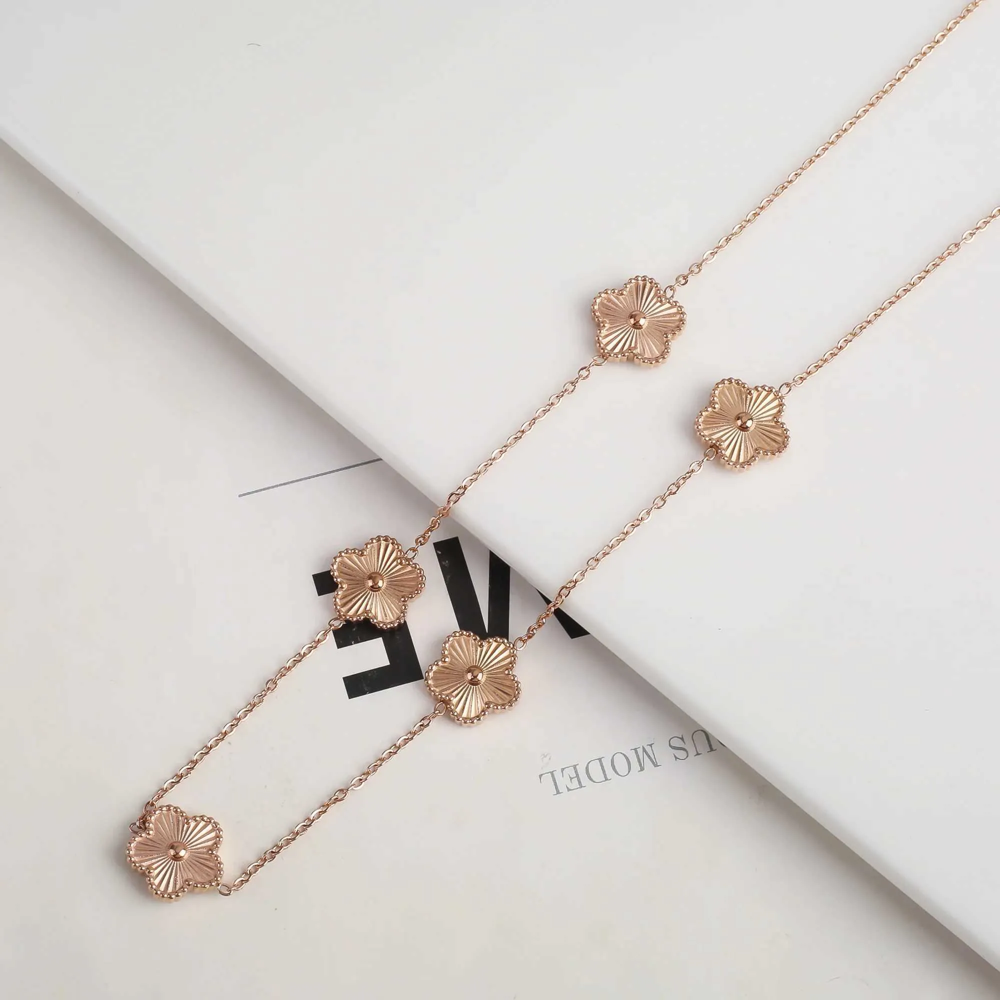 Wedding Jewelry Sets Rose Gold Plated Shiny Metal Plant Five Leaf Flower Plum Blossom Set For Women Stainless Steel High_voghion.com