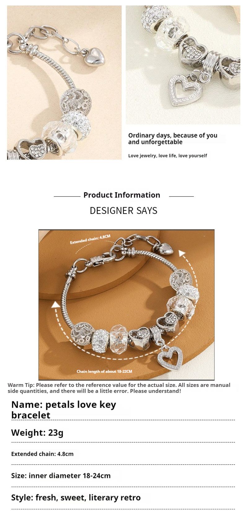 Bracciale staccabile fai da te con perline a foro grande in cristallo di Pan con cuore cavo e intarsio dia_voghion.com