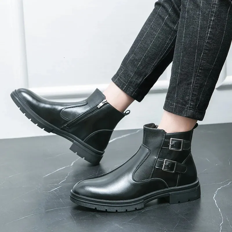 Classic Leather Business Ankle Boots For Men With Double Buckle_voghion.com