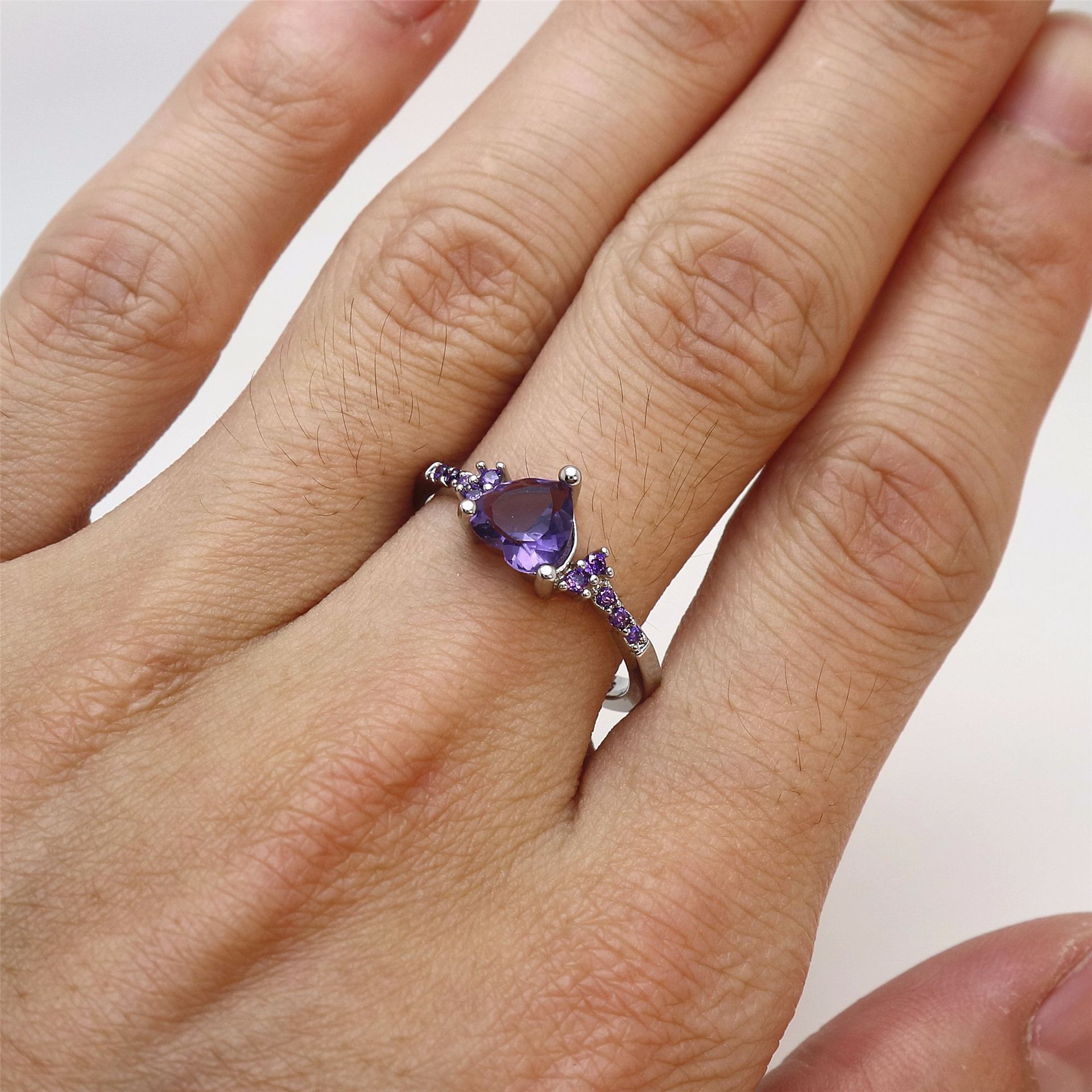 Natural Amethyst Zircon Ring Fashion Wedding Heart Shaped Ring Jewelry Female
