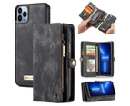 CaseMe für 13 Pro Max, Reißverschluss und abnehmbare Retro-Ledertasche, Brieftasche, Klapptasche, abnehmbare Handyhülle (schwarz)_voghion.com