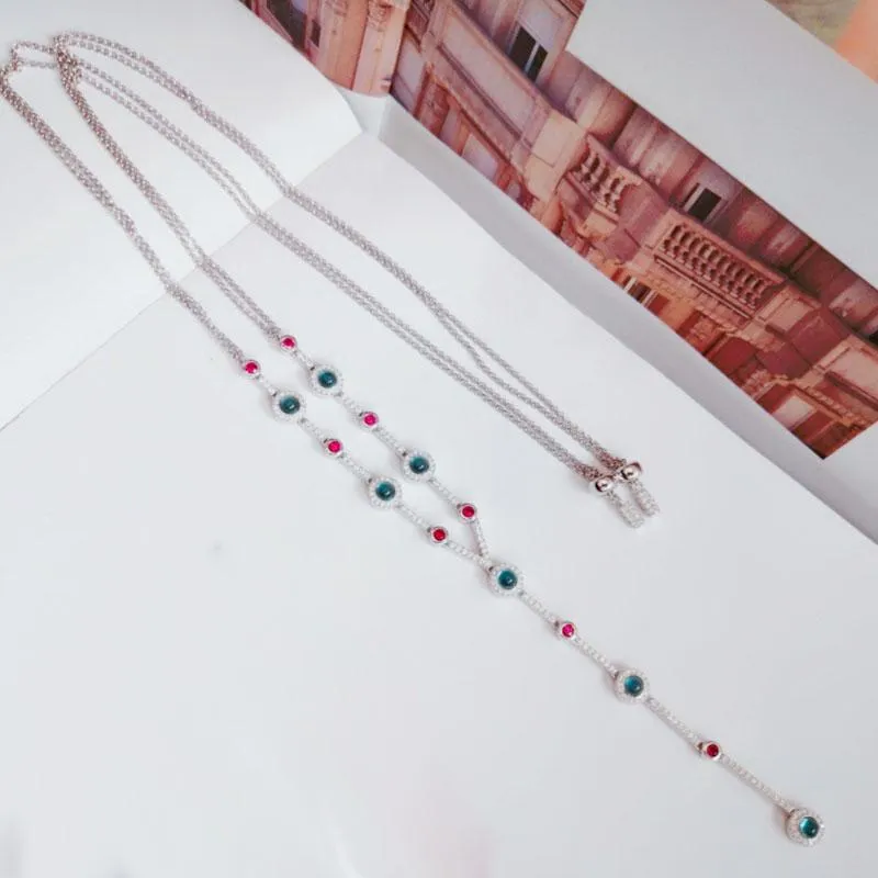 Chains Real Sterling Sier Multicolor Stones Candy Long Necklace Adjustable Chain Women Fashion Party Jewelry_voghion.com