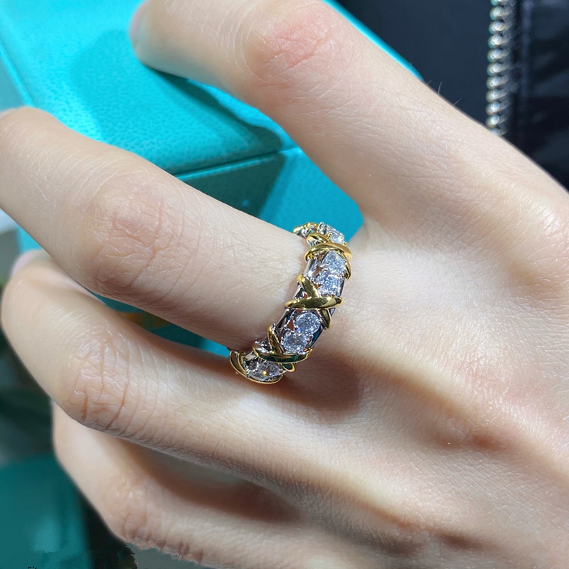 Tijia High Edition Cross Colored Split Thick Gold Plated Diamond Ring Handicraft For Men And Women