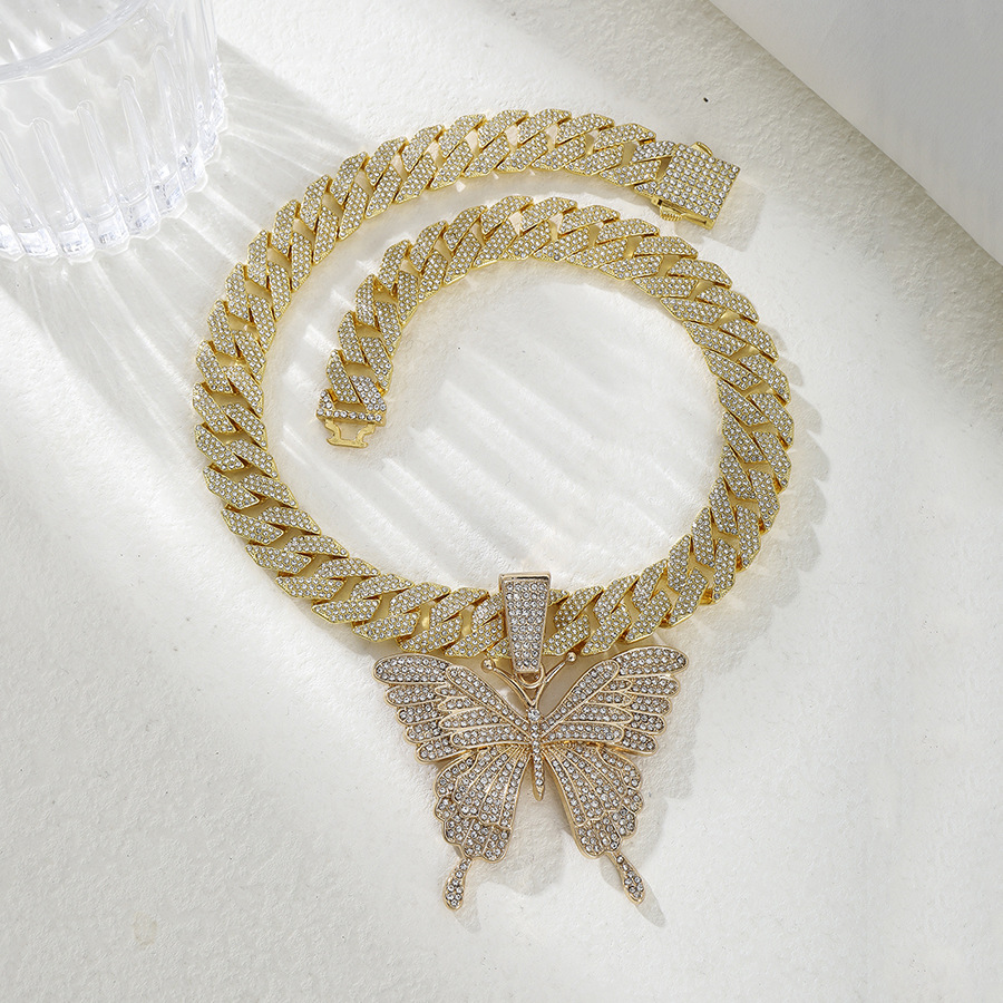 Exaggerated personality butterfly pendant diamond alloy necklace set accessories niche new hip hop Cuban chain