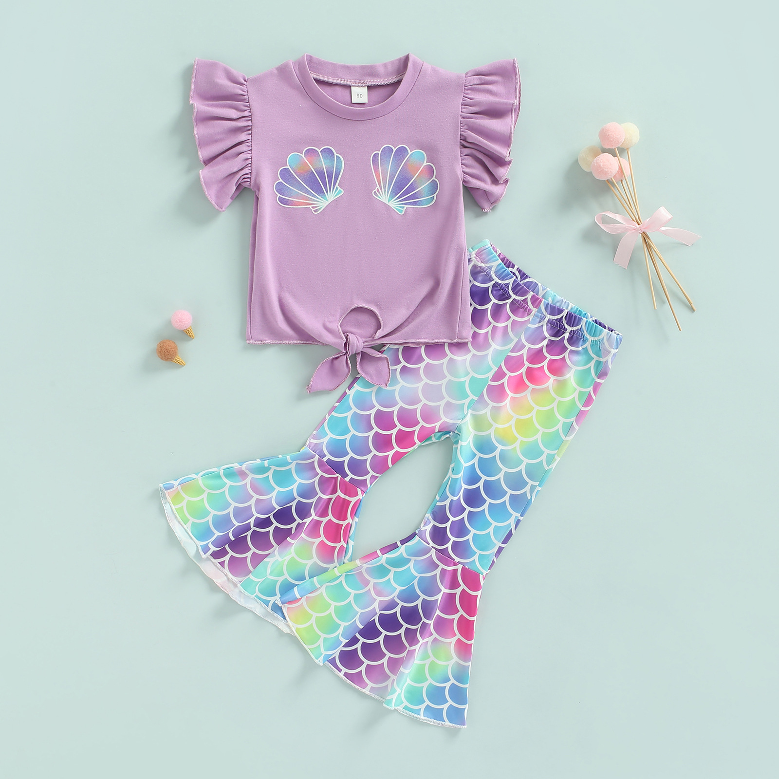 Mother & Kids ins summer girls new suit European and American flying sleeve top fish scale bell-bottom pants two-piece set in stock_voghion.com