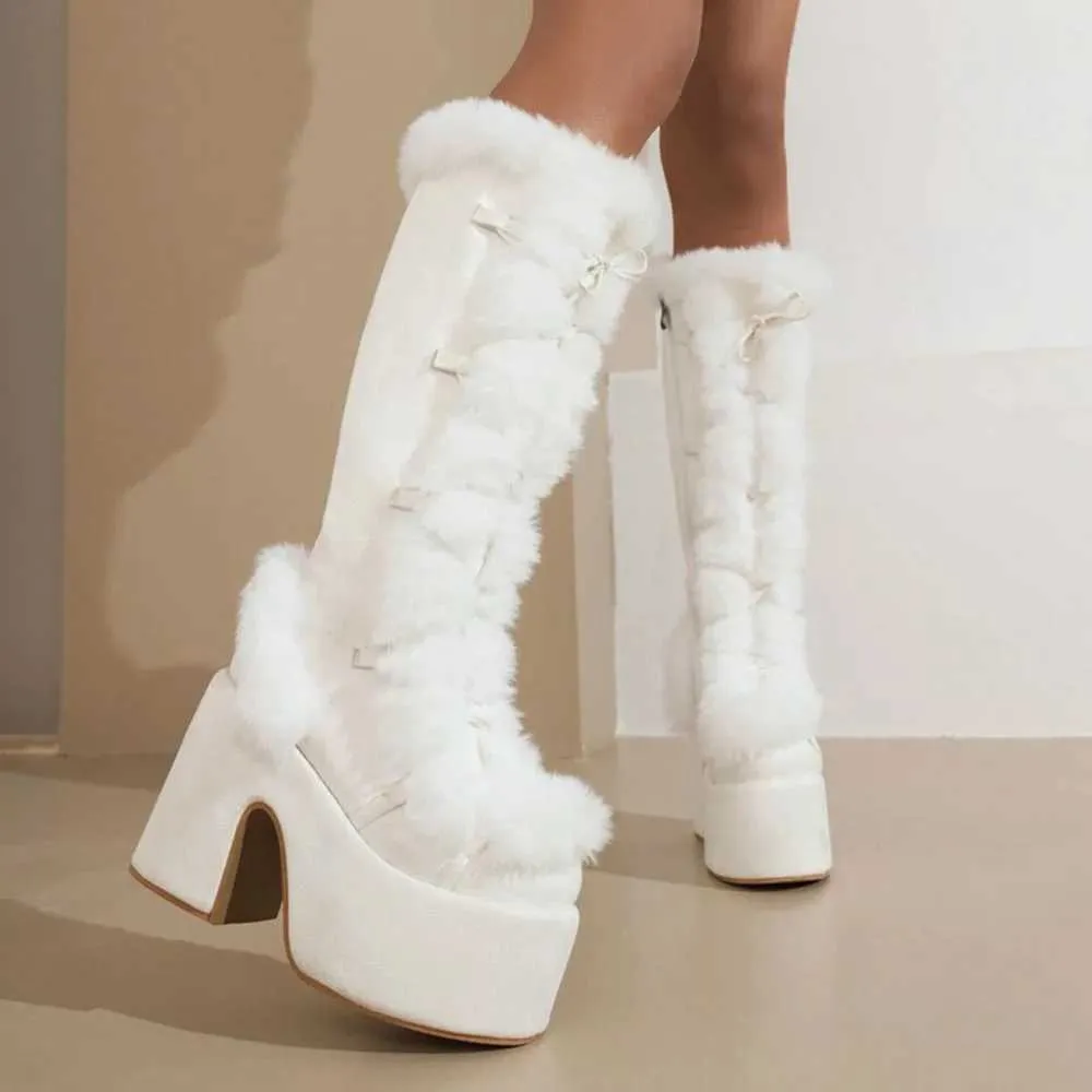 GIGIFOX Punk Fur Knee-High Platform Chunky High Heels Shoes Side Zipper INS Fashion Street Snap Warm Autumn Winter Boots_voghion.com