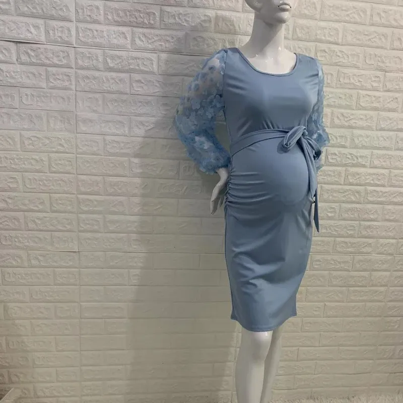 Women Flower Sleeved Photography Props Stretch Long Maternity Dresses for Pregnant Photo Shoot Clothing_voghion.com