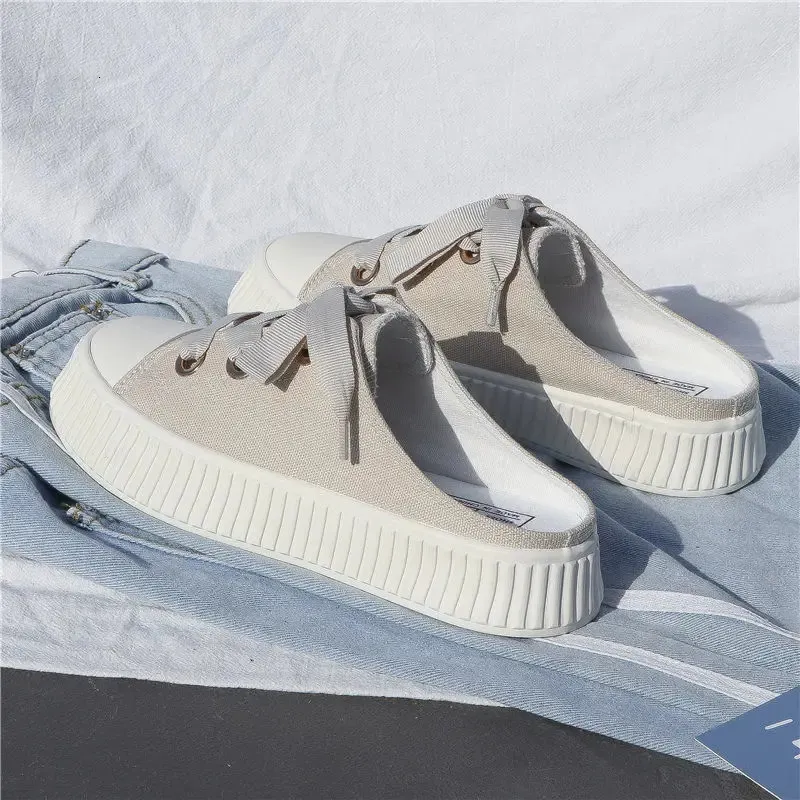 Sneakers estive da donna, pantofole e sandali da donna, ciabatte sportive con fiocco, scarpe alte, punta tonda, cotone, junior, bianco F_voghion.com