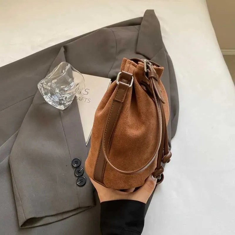 Suede Drstring Small Shoulder Bag Dark BrownC241217_voghion.com