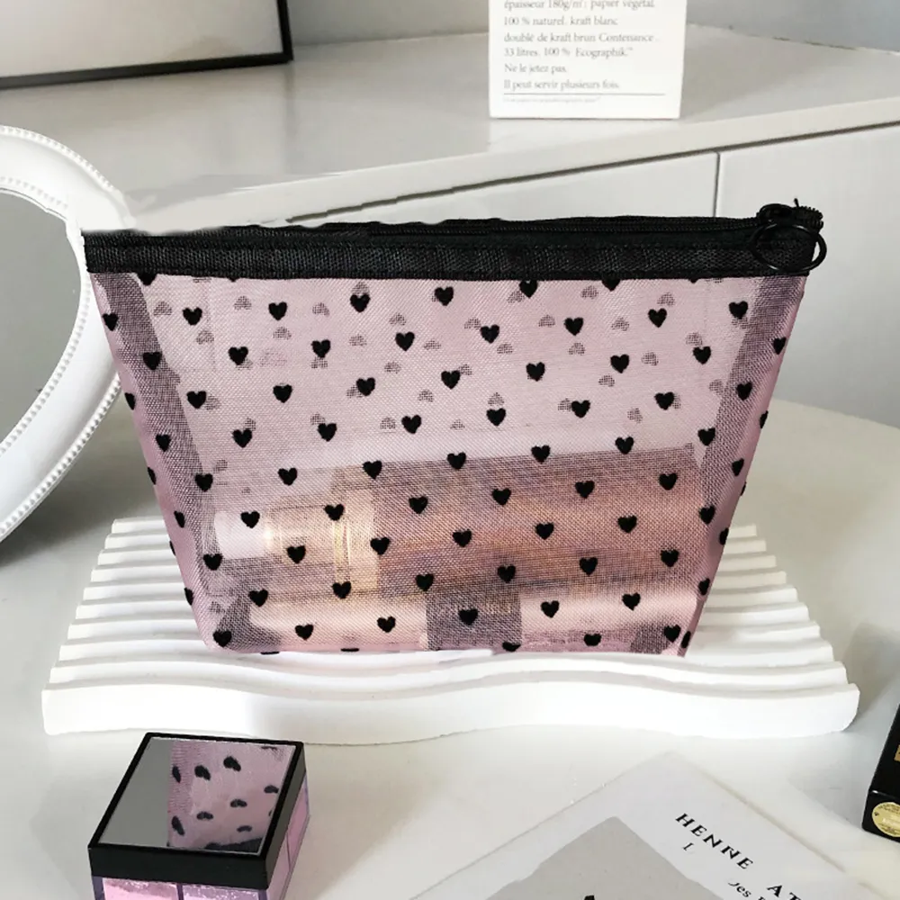 5Pcs Love Print Mesh Cosmetic Portable Toiletry Organizer Makeup Bag Multifunction Transparent Women Lipstick Storage_voghion.com