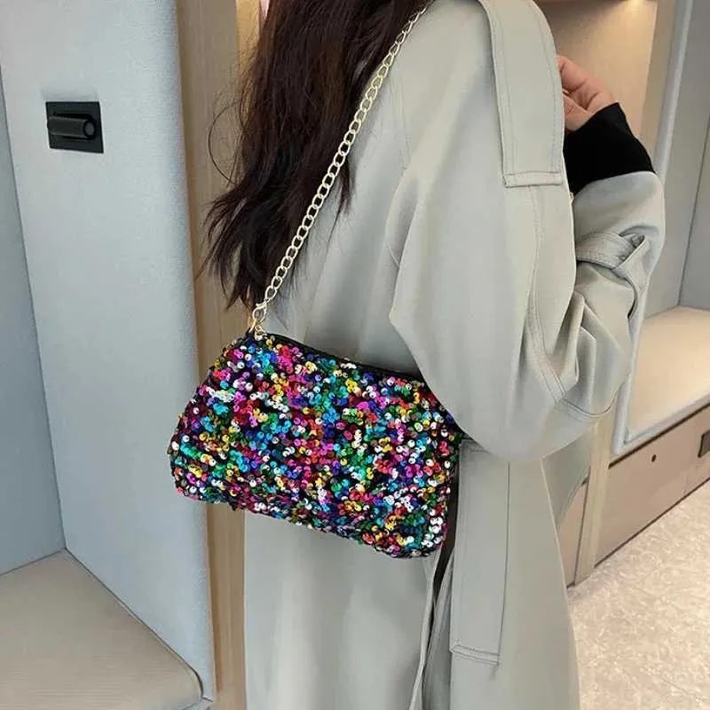 Sac à bandoulière à chaîne simple INS couleur unie paillettes sac à bandoulière portefeuille mobile sac à main de nuit Y241019_voghion.com