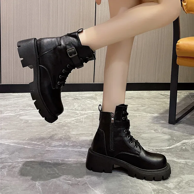 Botas cortas estilo británico para mujer, nuevas, de otoño/invierno, con cordones y cremallera, estilo motociclista, estilo retro, talla 43_voghion.com