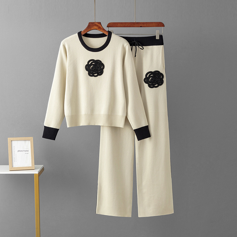 Women's Clothing fashion suits for women in spring and autumn, loose irregular knitted tops, wide leg pants, two piece suits, embroidery trendy brands