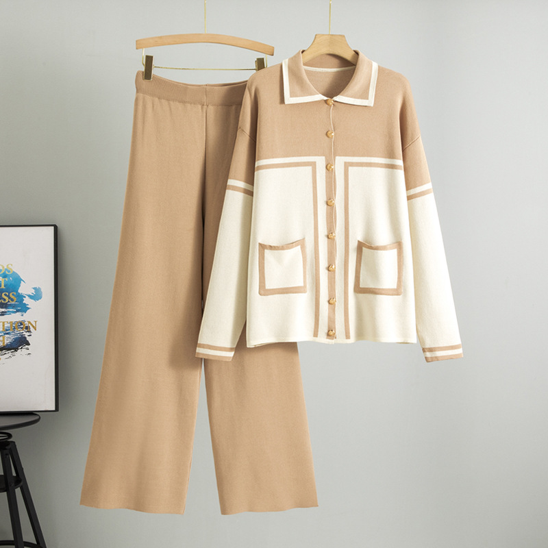 Women's Clothing Spring New Lapel Contrast Color Fashion Casual Suit Women's Loose Knitted Cardigan Two Piece Suit