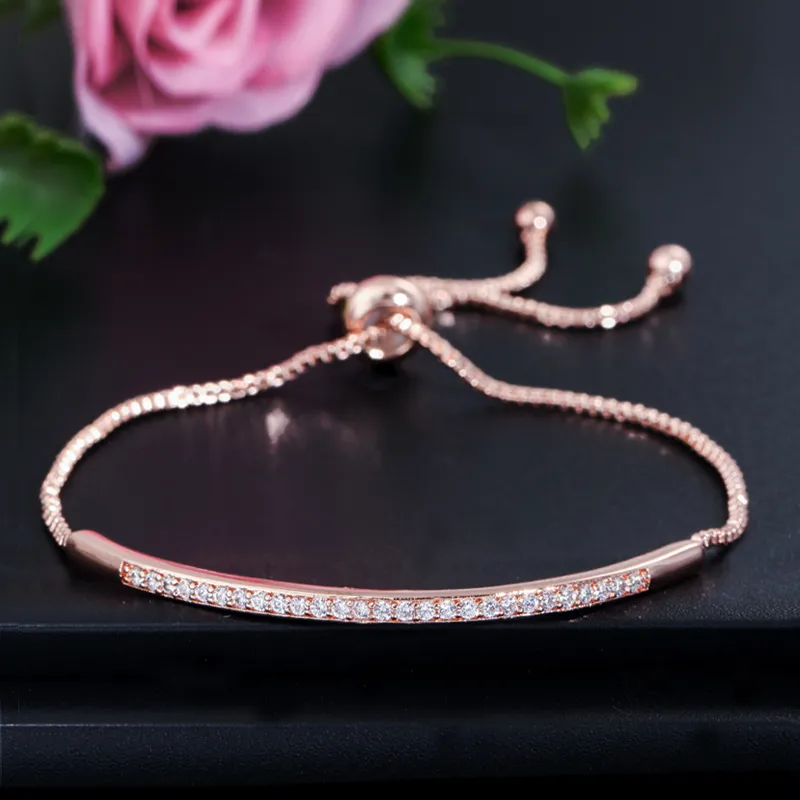 Adjustable Slider Bracelet With Cubic Zirconia Rose Gold Finish_voghion.com