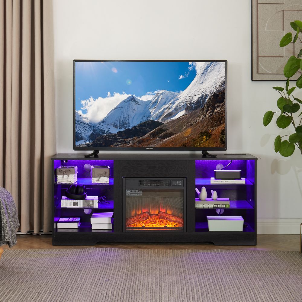 TV Stand Electric Fireplace TV Stand With Glass Shelves, 3D Fireplace TV Stand With LED Lights Wood With USB Charging Outlet Modern Television Table_voghion.com