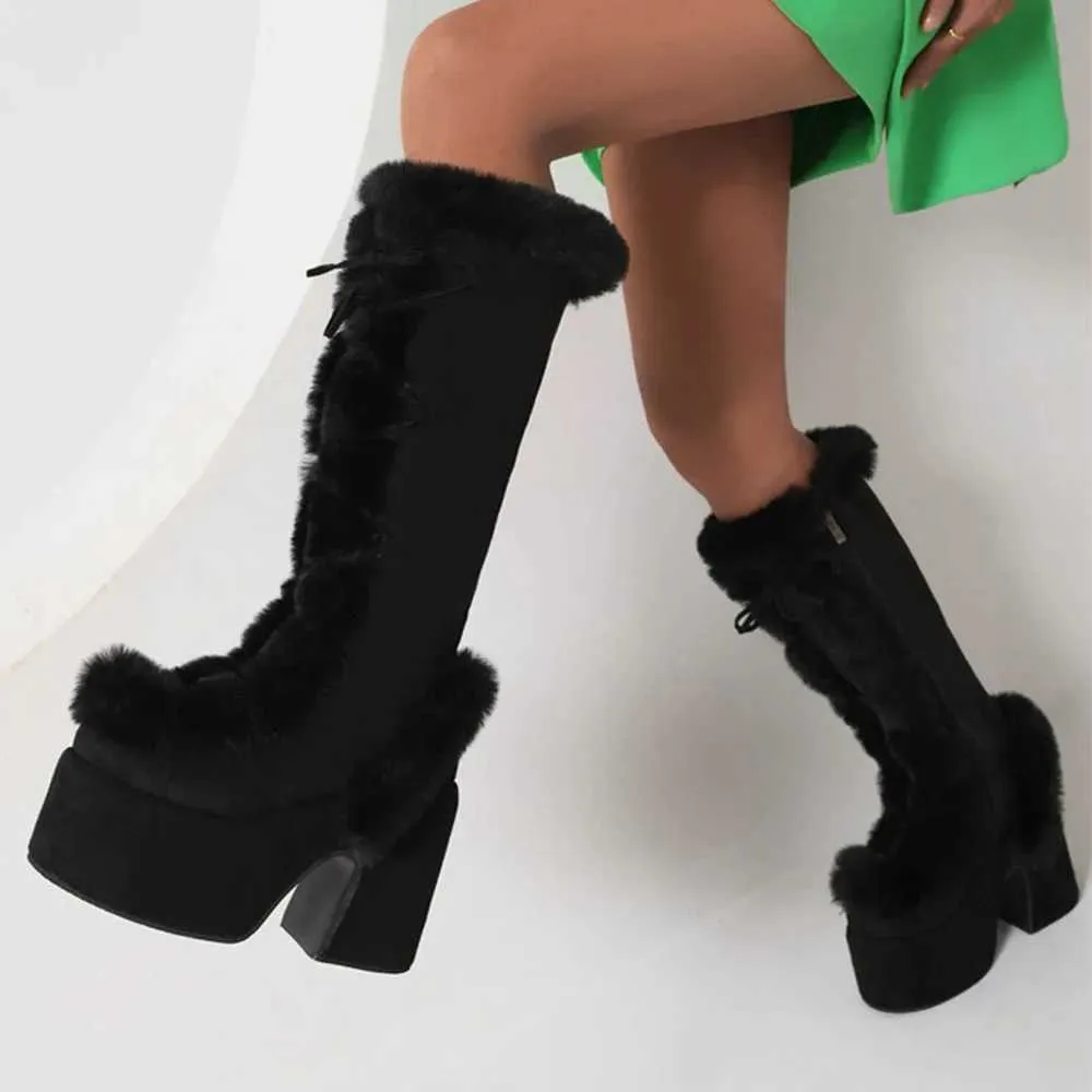 GIGIFOX Punk Pelliccia Alti Fino Al Ginocchio Piattaforma Chunky Tacco Alto Scarpe Cerniera Laterale INS Moda Strada Scatto Caldo Autunno Inverno Stivali_voghion.com