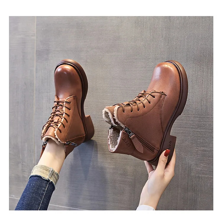 Genuine Leather Round Toe Motorcycle Plush Insulation and Thick Soled Short Boots with British Style Versatility_voghion.com
