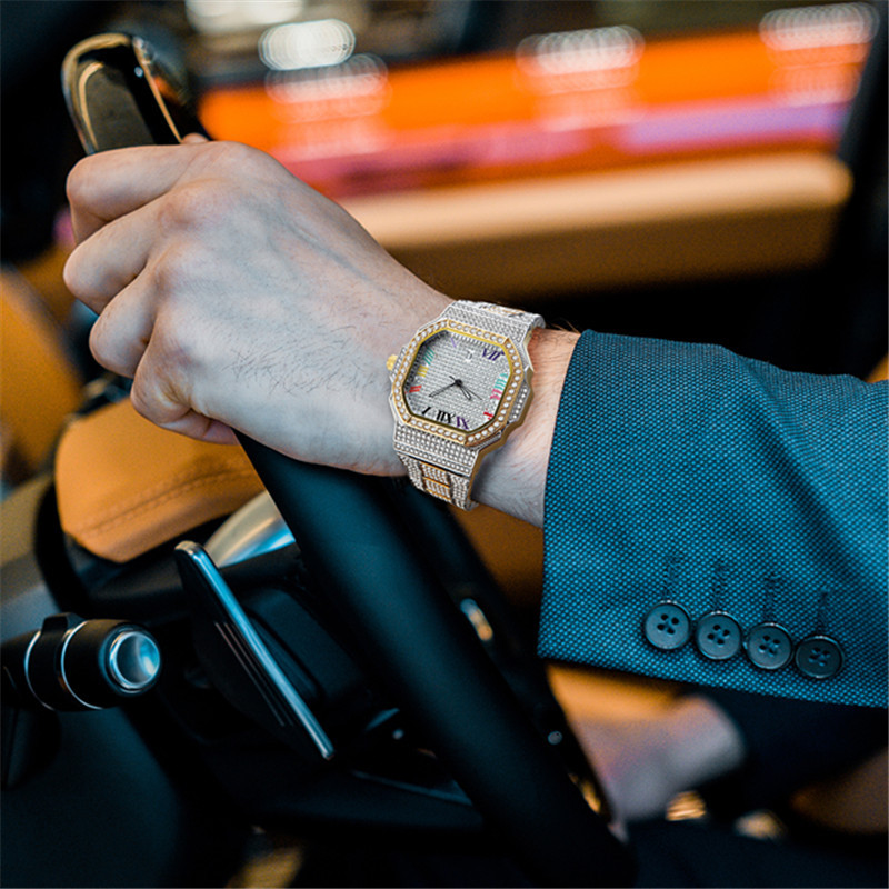 Men's Luxury Hip Hop Diamond Quartz Watch With Gold/Silver/Rose Gold Tone, Date Display, And Stylish Design For Casual & Formal Wear_voghion.com