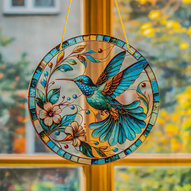 Sonnenfänger mit Kolibri und Blumen, 20 x 20 cm, Acryl. Natur-, Wand-, Zimmer- und Gartendeko. Für drinnen und draußen geeignet. Einzigartiges Geschenk für Freunde und Familie._voghion.com